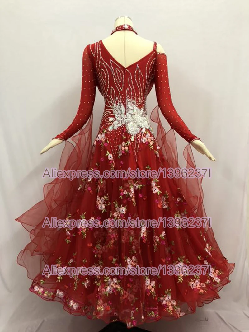 2025 New Ballroom Competition Dance Dress Women High Quality Waltz Dance Skirt Red Long Sleeve Standard Ballroom Dance Dresses