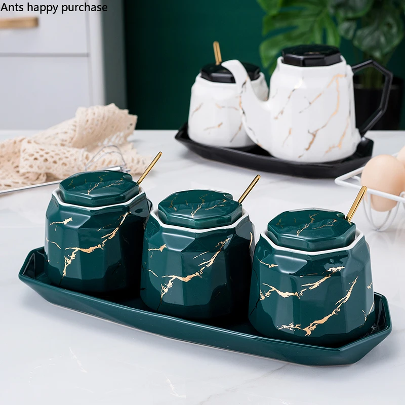 Green White Marbling Spice Jar Suit Combination Ceramics Spice Storage Container Kitchen Tools Seasoning Box Three-piece Suit