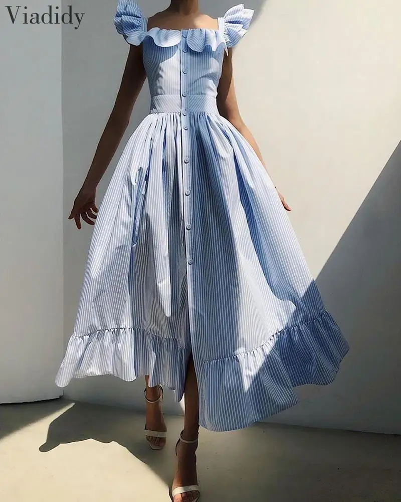 Striped Square Neck Flutter Sleeve Sweet Dress Women Ruffles Maxi Dress