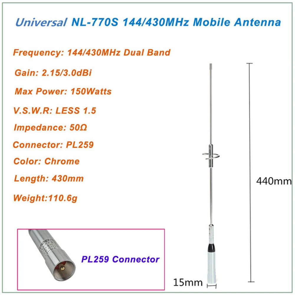 NL-770S Dual Band UHF/VHF 144/430MHz 150W 2.15/3.0dBi Car Auto Radio Mobile/Station Antenna For Auto/Handheld Walkie-talkie