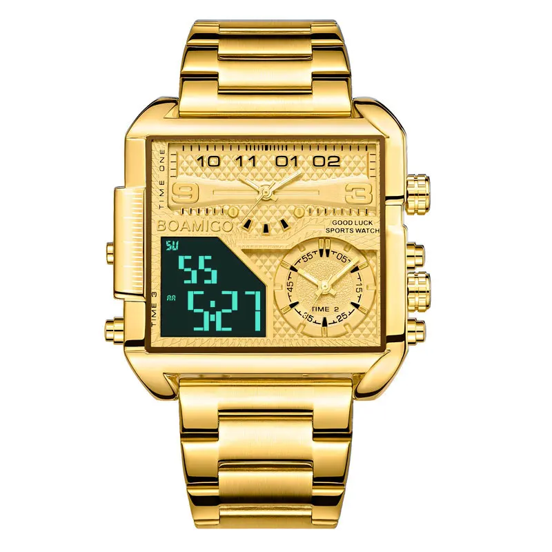 BOAMIGO Latest 3 Time Zone Chronograph Men Watch LED Luminous Luxury Men Wrist Watch F941