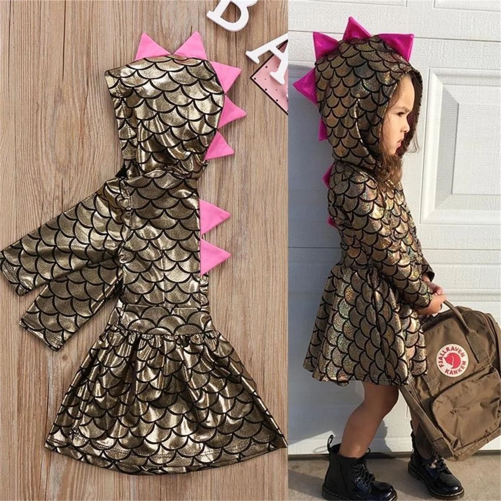 Baby Girls Dinosaur Princess Dress Children Fashion Gold Long Sleeve Party Dress With Hat Fish Scale Sequin Costume 1-5 Years