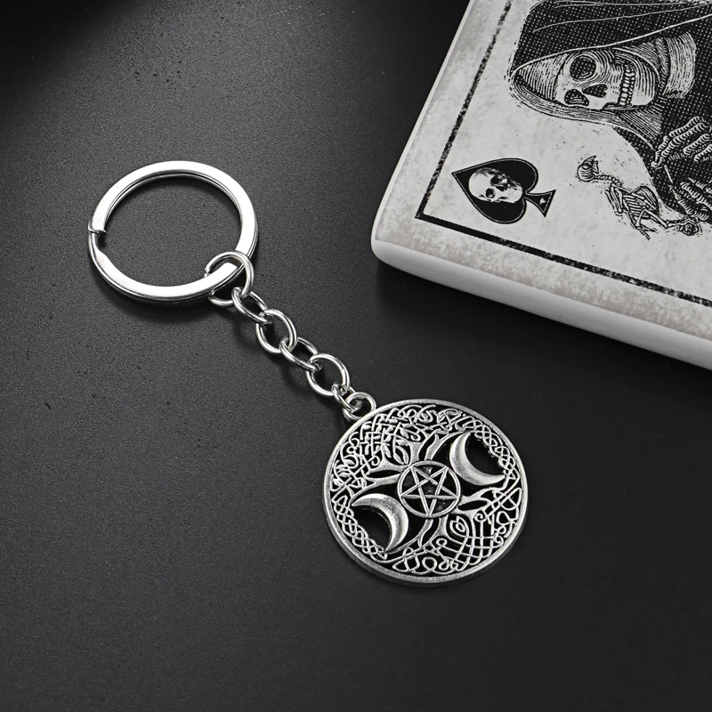 New Triple Moon Goddess Keychain Wicca Pentagram Magic Tree Key Ring Witch Key Chain Halloween Gifts DIY Jewelry Handmade