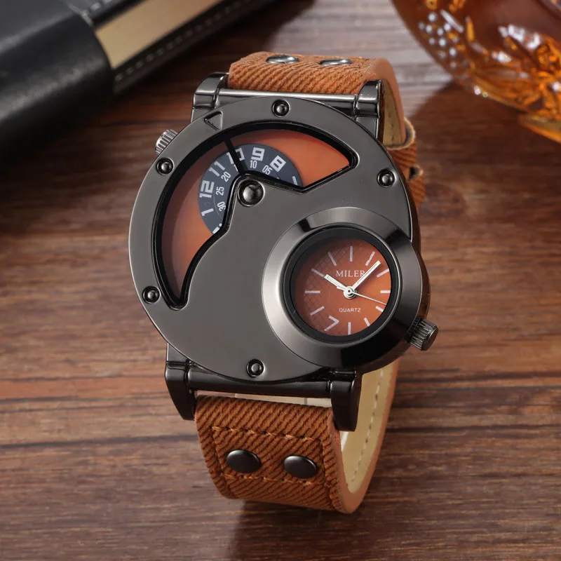 2023 MILER Watches Men Sports Watches 2 Time Zone Blue Fabric Leather Strap Quartz Wristwatches Relogio Masculino mannen horloge