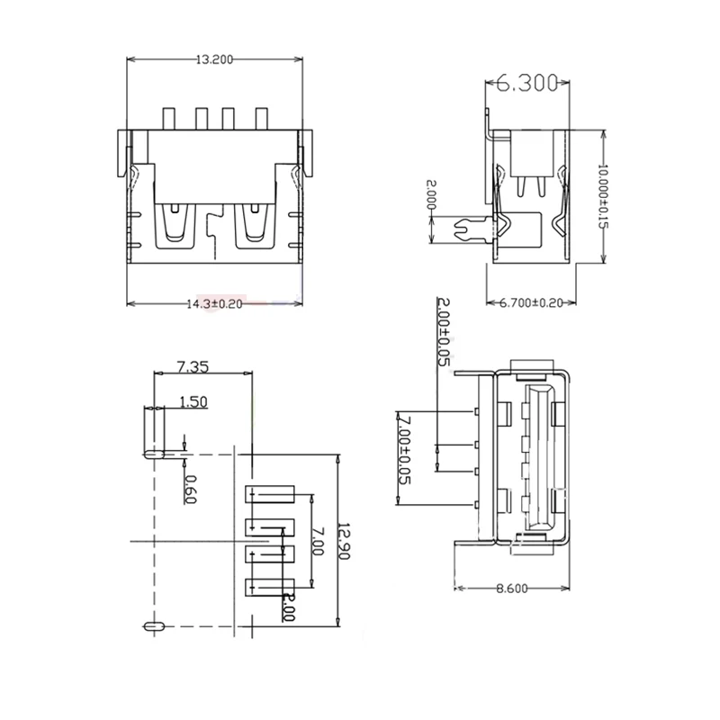 10Pcs/Lot Type A Female USB 2.0 Short body 4 Pin 2 Foot 90 Insert direct Data Charge Plug Socket Jack Connector Wire