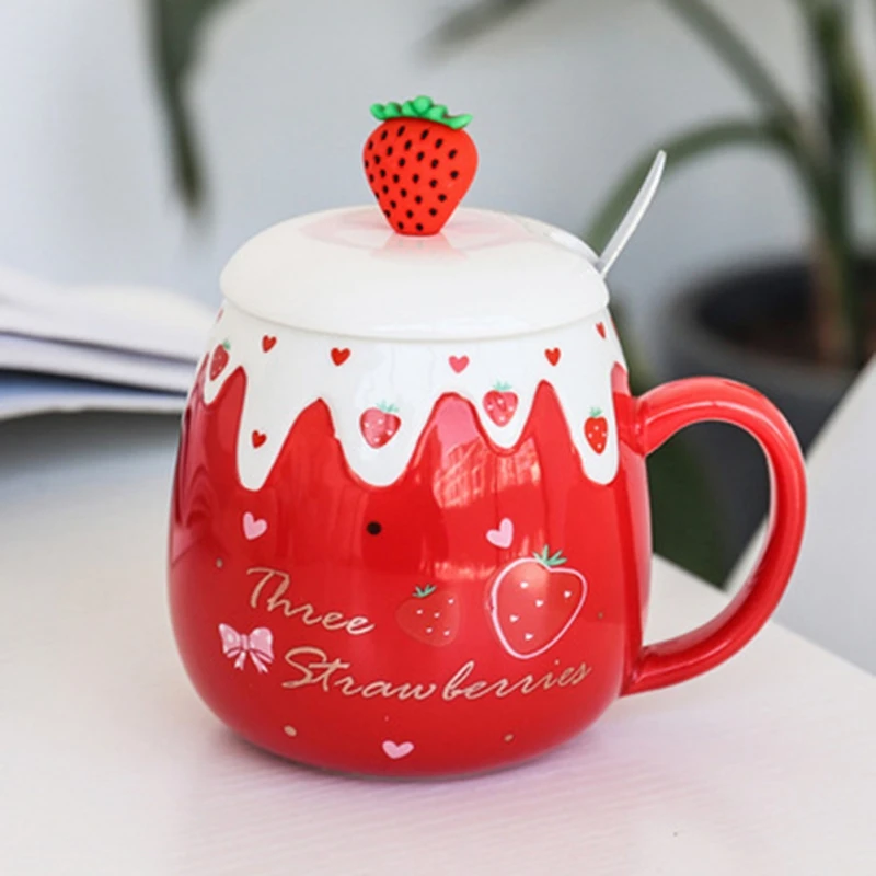 Cute Strawberry Ceramic Mug with Lid And Spoon High Temperature Ceramic Water Bottle Milk Water Tea Cup Students Girl Gift