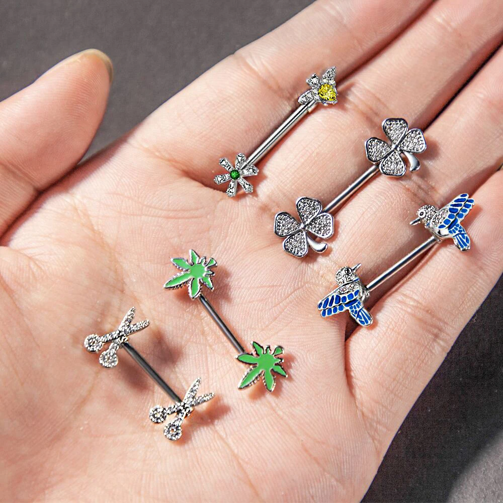 2pcs Butterfly Nipple Piercings Rings 16mm Length Bar Barbell Steel Crystal Nipple Shield Cover Heart Flower Tongue Body Jewelry