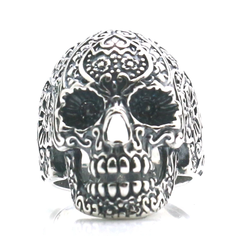 

Unisex 925 Silver Cool Punk Gothic Evil Demon Ghost Rider Flaming Flower Skull Classic Ring