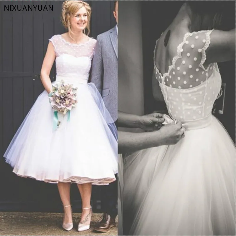 

Simple 2022 Summer A Line Wedding Dresses Scoop Sleeveless Dots Tulle Mid-calf Cheap Bridal Gowns