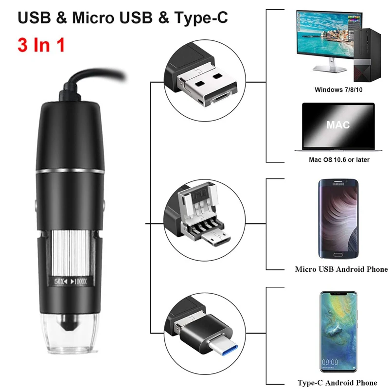 Microscopio digitale USB professionale 1000X 1600X 8 led 2MP microscopio elettronico endoscopio Zoom lente d\'ingrandimento + supporto di sollevamento