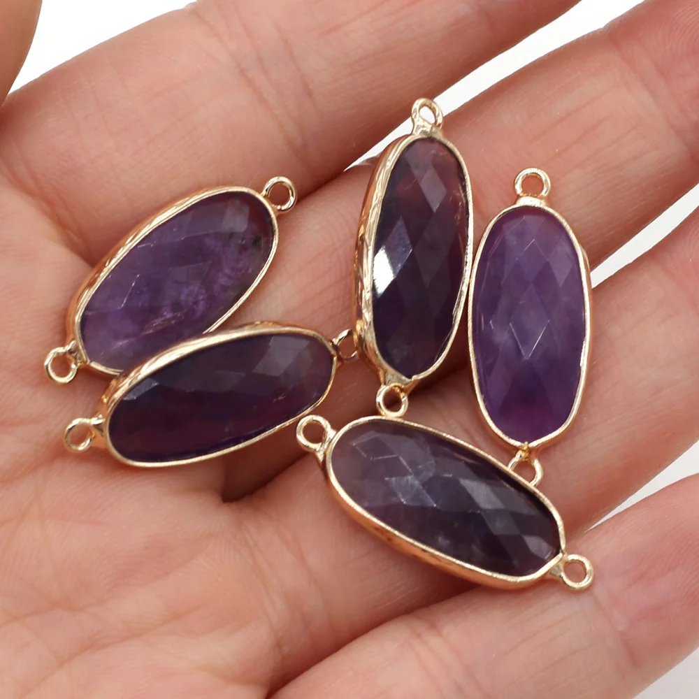 2pcs Natural Stone Charms Connectors Pendants Amethysts Double Hole Jewelry Making DIY Necklace Bracelets for Women Size 11x27mm