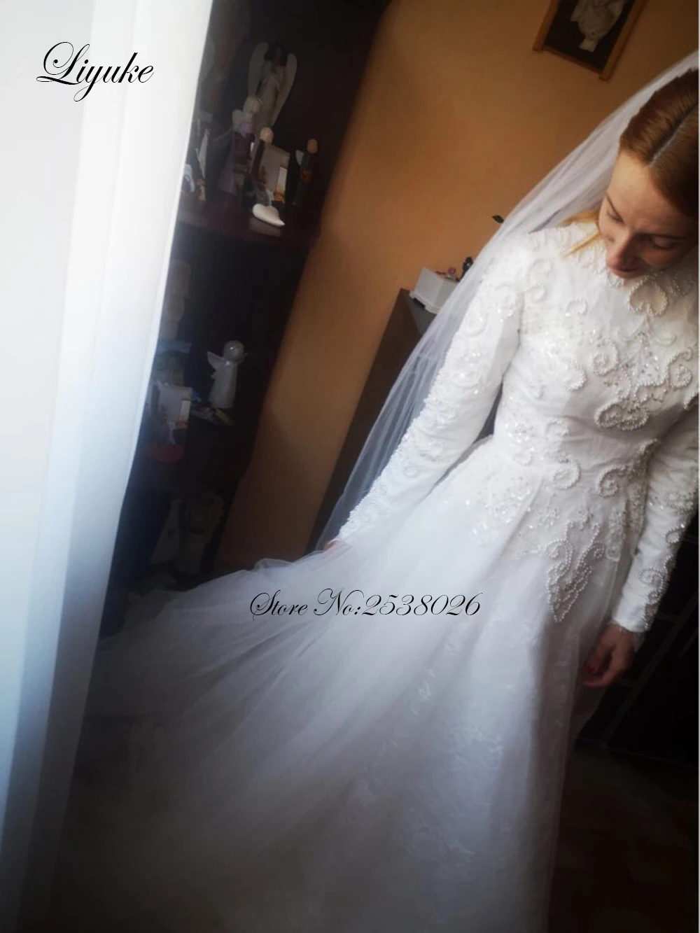 Liyuke-Vestido De novia musulmán De manga larga, elegante, cuello redondo, tul, cremallera trasera, encaje, vestidos De novia islámicos