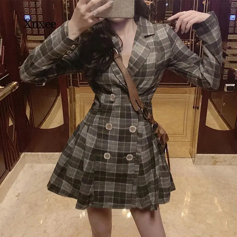 British Elegant Plaid V Neck Mini A-Line Suit Dress Women Streetwear Spring High Street Lapel Ladies Dresses Vestidos Outwear