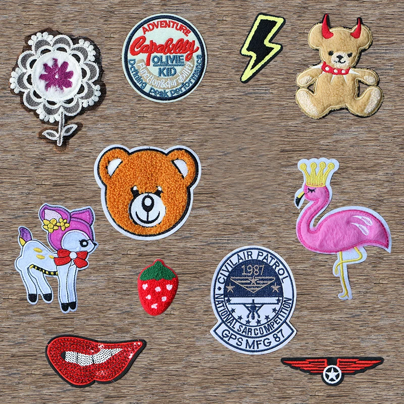 

Bear Flowers Flamingo Lightning Chenille Icon Towel Embroidered Applique Patches For Clothes DIY Iron on Badges on the Backpack