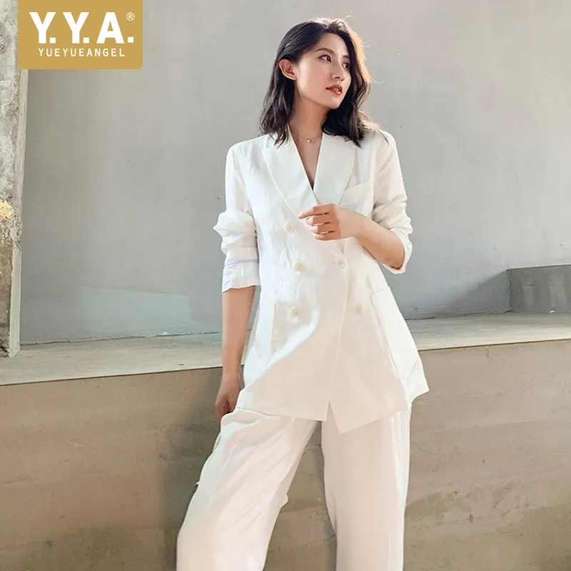 Women Cotton Linen Blazer Trousers 2 Piece Set Elegant Office Lady Solid White Double Breasted Thin Suit Jackets Loose Fit Pants