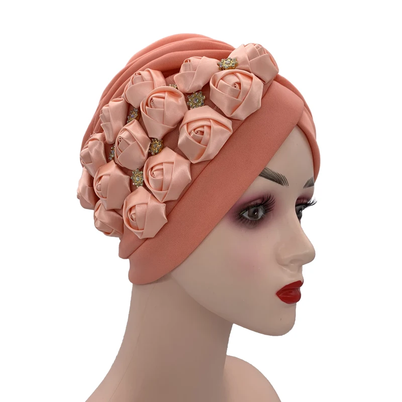 Rose Flower Deco Turban Cap for Women Pleated Head Wraps Bonnet Muslim Headscarf Hat Nigeria Headwear Party Hat