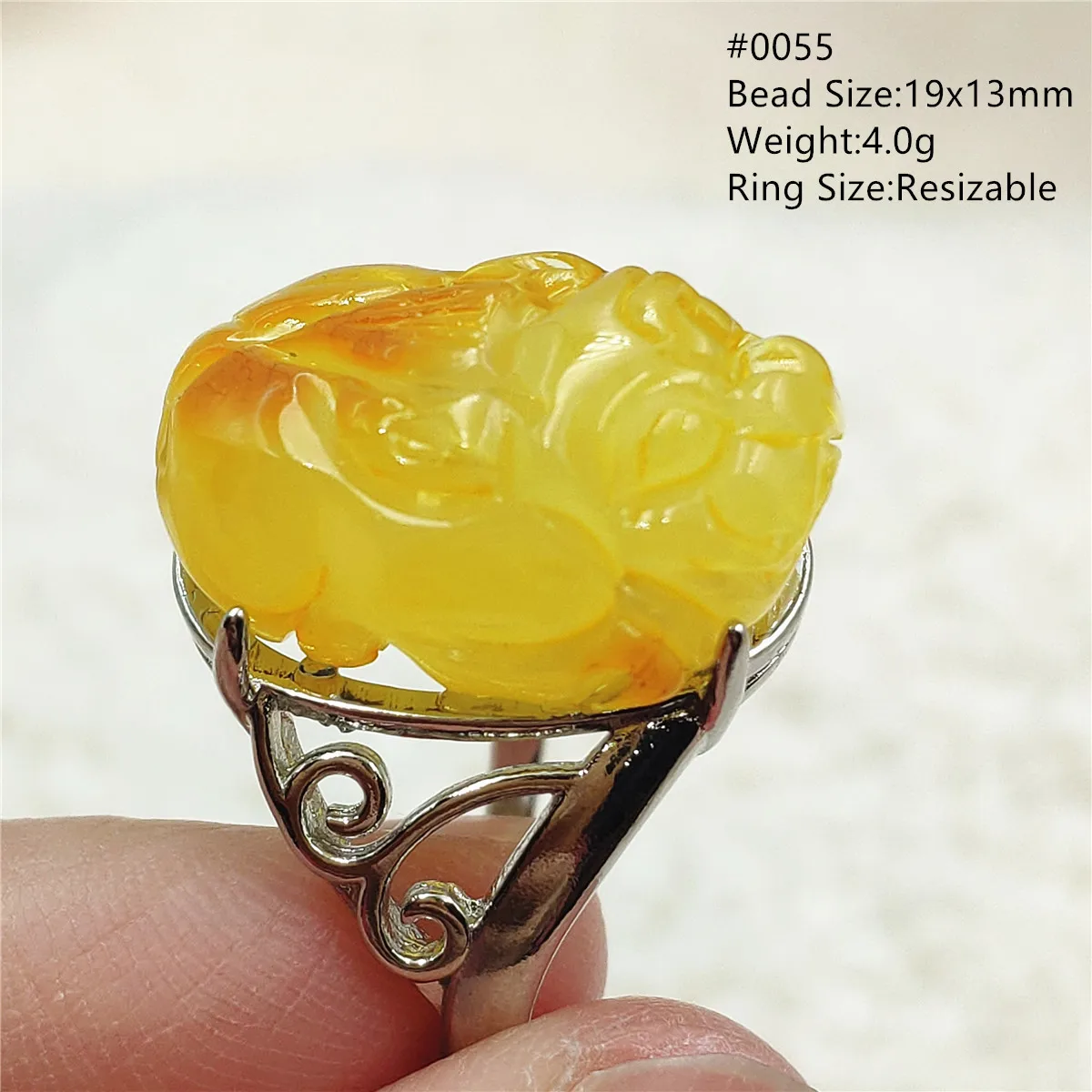 

Natural Yellow Amber Gemstone Adjustable Ring Pi Xiu Carved 19x12mm 925 Sterling Silver Women Ring Oval Amber AAAAA