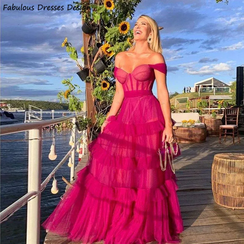 Vestidos de baile em camadas fúcsia feminino, ombro, gola querida, sem encosto, vestido longo linha A, vestido de festa de casamento