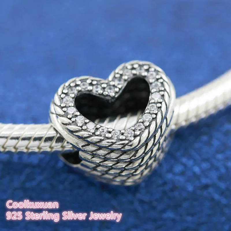 

100% 925 Sterling Silver Snake Chain Pattern Open Heart Charm beads Fits Original Pandora bracelets Jewelry Making