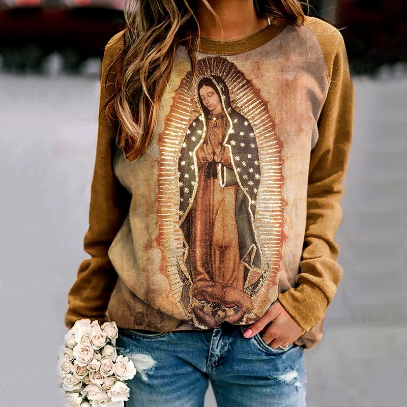 Women\'s Long Sleeve Top Fashion Vintage Original Of Our Lady Guadalupe Virgin Mary Print Skin-friendly Sweatshirt For Saint Girl