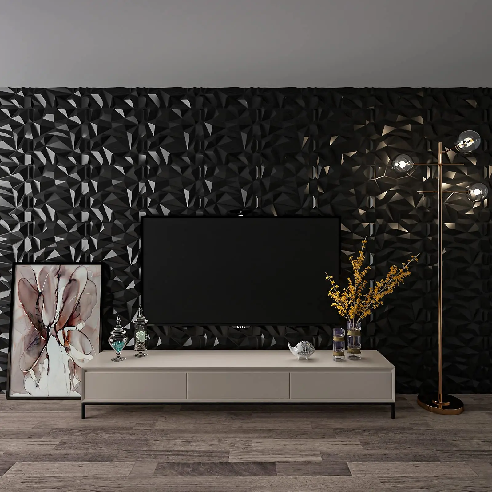 50x50cm PVC 3D Diamond Wall Panels Jagged Matching-Matt Black for Living Room Bedroom TV Background Ceiling Pack of 12 Tiles