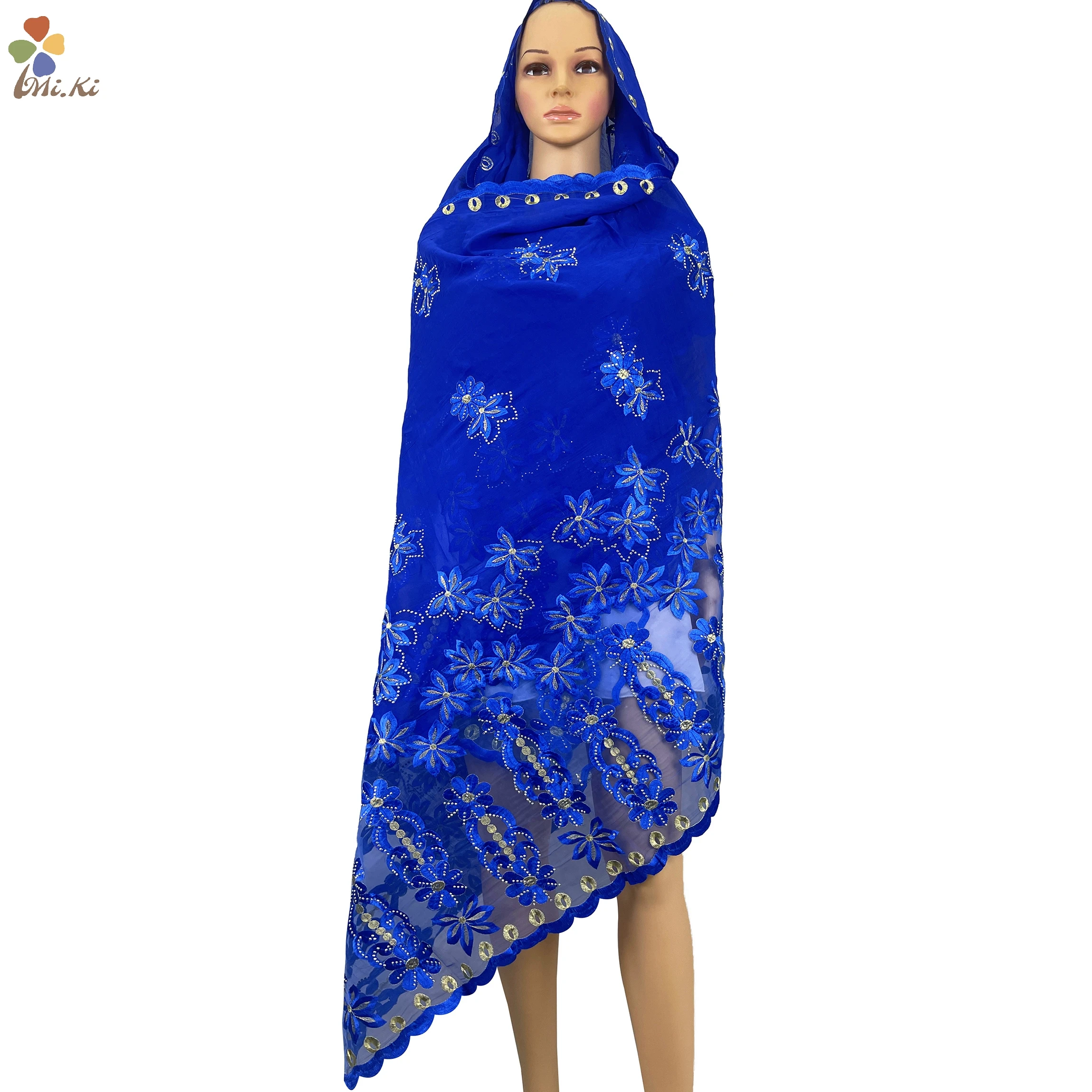 2021 Sale Latest Fashion African Women Dubai Scarf Big Size Embroidery Cotton splicing with Net Women Hijab Scarf BW125