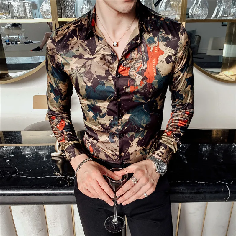 Luxury Print Men\'s Shirt Fashion Club Clothing Mens Designer Brand Floral Shirt Slim Long Sleeve Camisa Baroque Slim Party Shirt