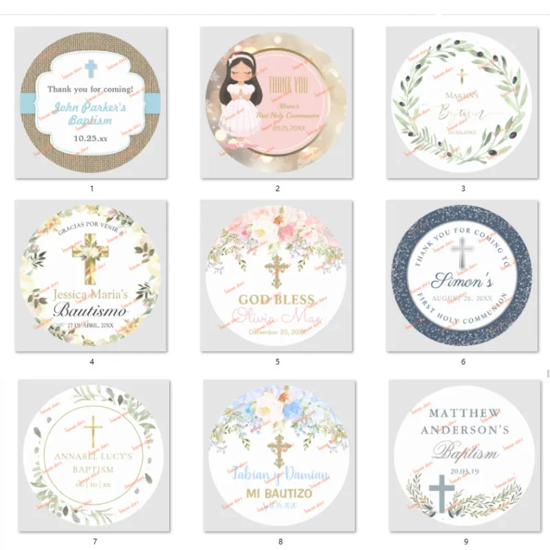 Christening & Baptism Sticker Labels Custom Name Date Text The First Communion Personalized Floral Frame Party Stickers