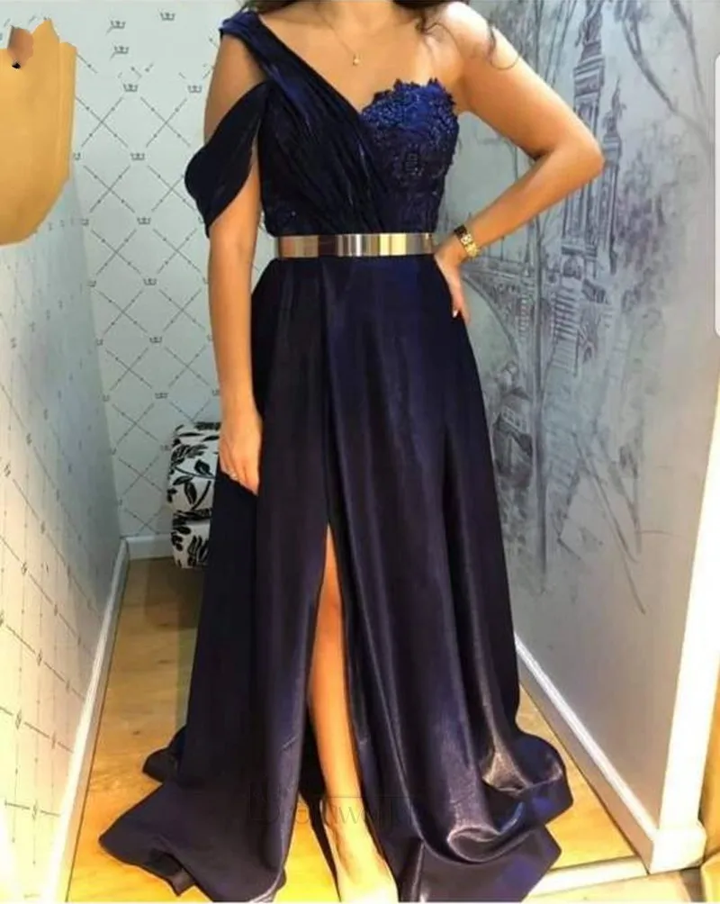 Abiti da sera blu Navy con una spalla 2024 vestidos de fiesta de noche Prom abito formale lungo in raso Sweetheart Sexy