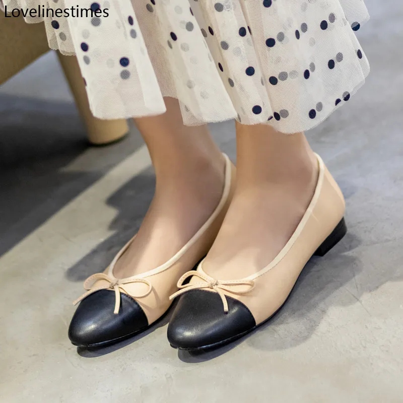 Shoes Ballet Flats Shoes For Women 2024 Trend Two Color Splicing Leather Tweed Ballet Women Bow Classic Ballet Flats Woman Shoes