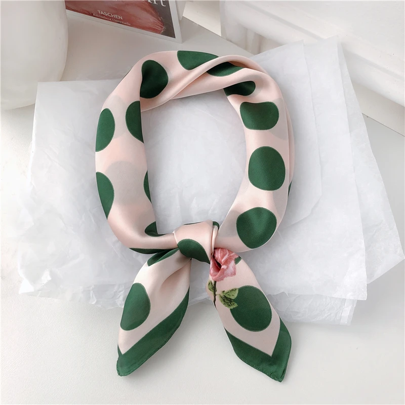 Luna&Dolphin Women Spring  Square Scarf 70X70CM Green Dot Rose Cartoon Chiffon Silk  Elegant Flower Camera Headband Hair Bandana