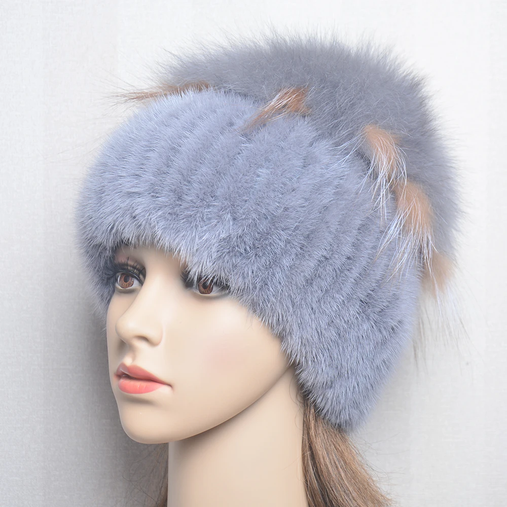 High Quality Mink Fur Hat For Women Natural Mink Fur Hat With Luxury Big Pompom Fox Fur Ball Beanies Winter Women\'s Cap Lady Hat