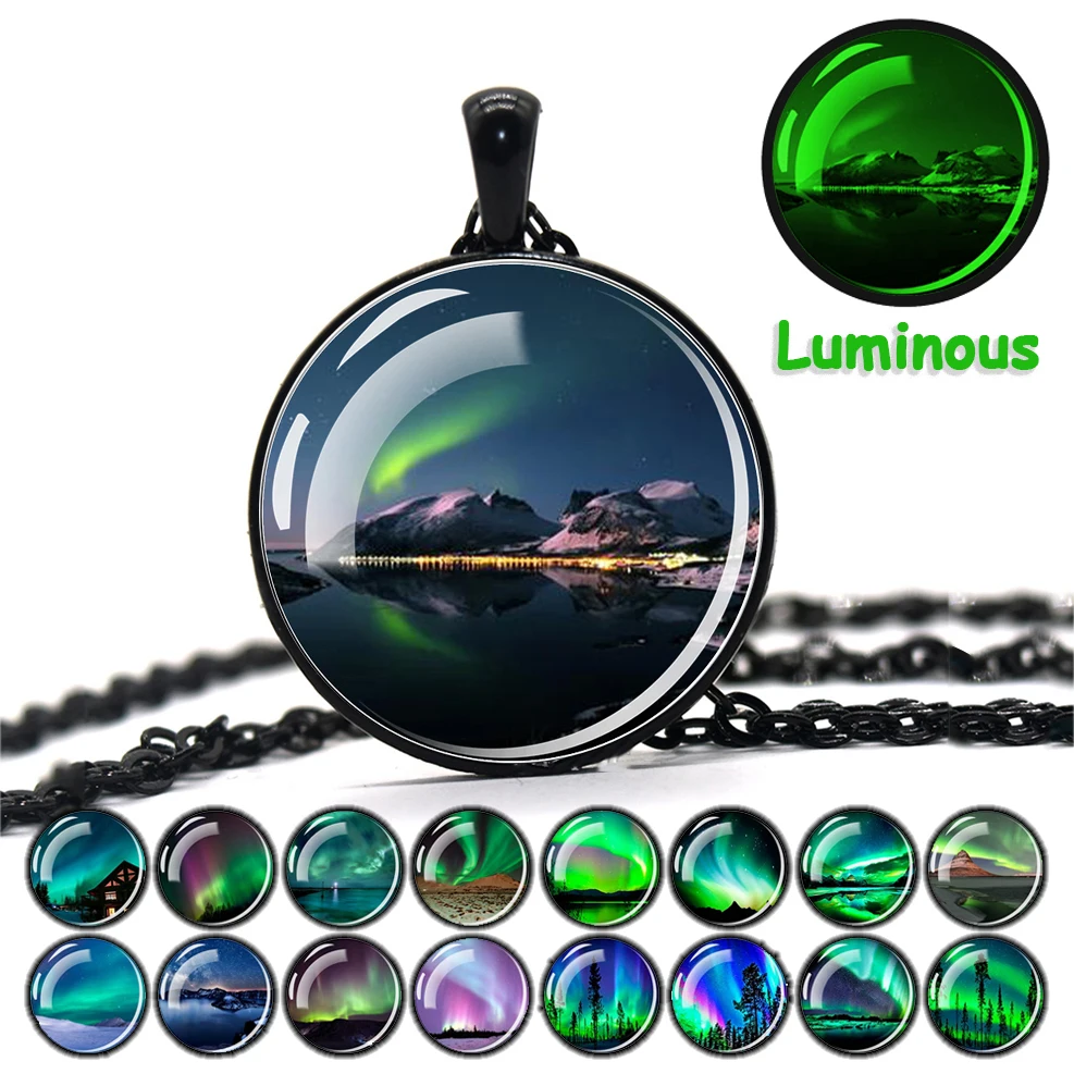 Esspoc Northern Lights Art Picture Luminous Necklace Steampunk Black Chains Pendant Necklaces for Women Men Halloween Gift