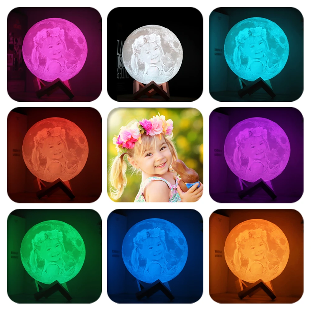 Lámpara de luna de impresión 3D personalizada, foto/texto, luz nocturna personalizada, recargable por USB, táctil/toque/interruptor remoto