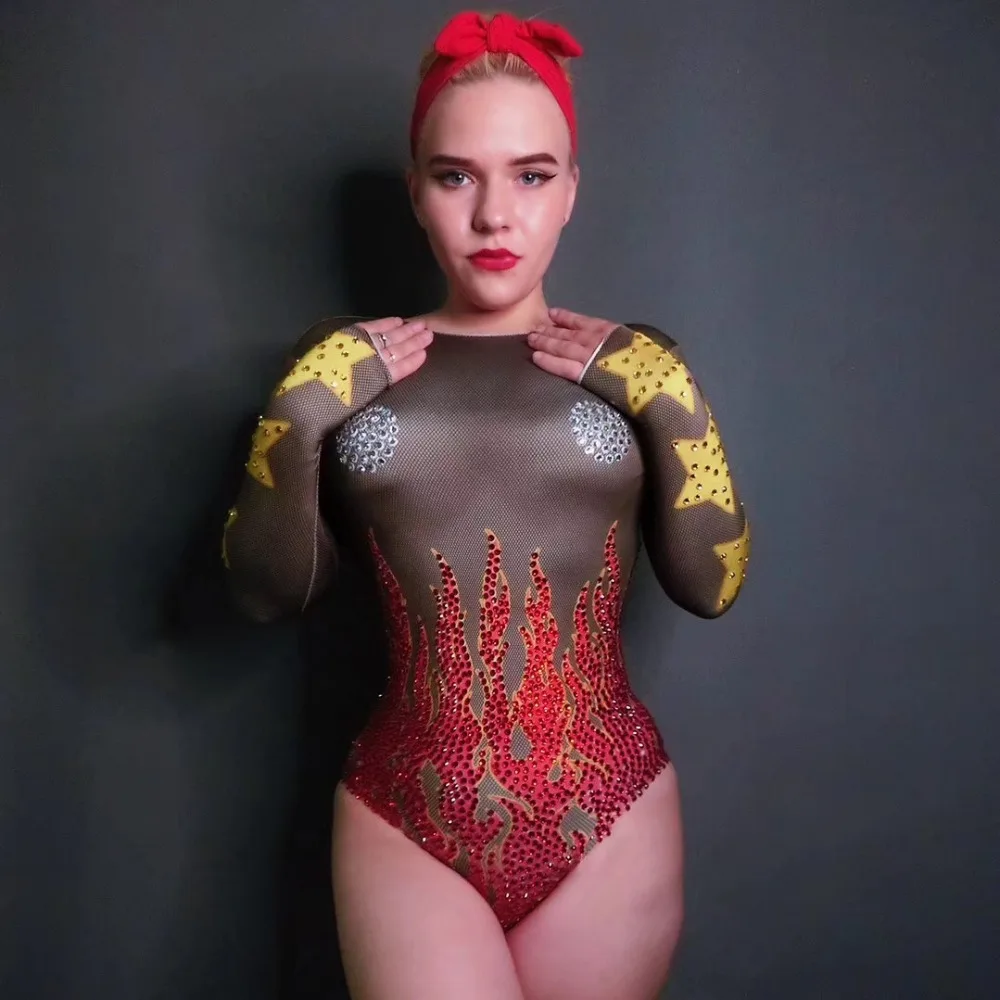 

2019 Sexy Fire Pattern Stones Leotard Costume Singer Sexy Rhinestones Bodysuit Nightclub Outfit Party Wear Stretch Outfit