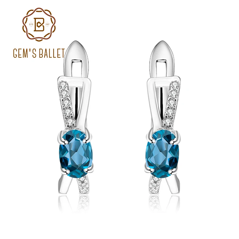 GEM'S BALLET 1.14Ct Natural London Blue Topaz Gemstone Clip Earrings 925 Sterling Silver Classic Earrings For Women Fine Jewelry