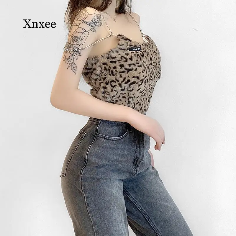 ArtSu Faux Fur Gothic Grunge Camis Harajuku E-Girl Leopard Women Crop Tops Backless Chain Patchwork Skinny Streetwear VE52565