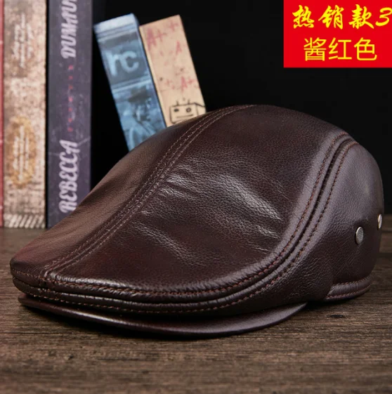 Man Flat Caps Men Real Leather Duckbill Hats Berets Earflaps Black Casual Directors Cap Male Vintage Winter Driving Caps Brown