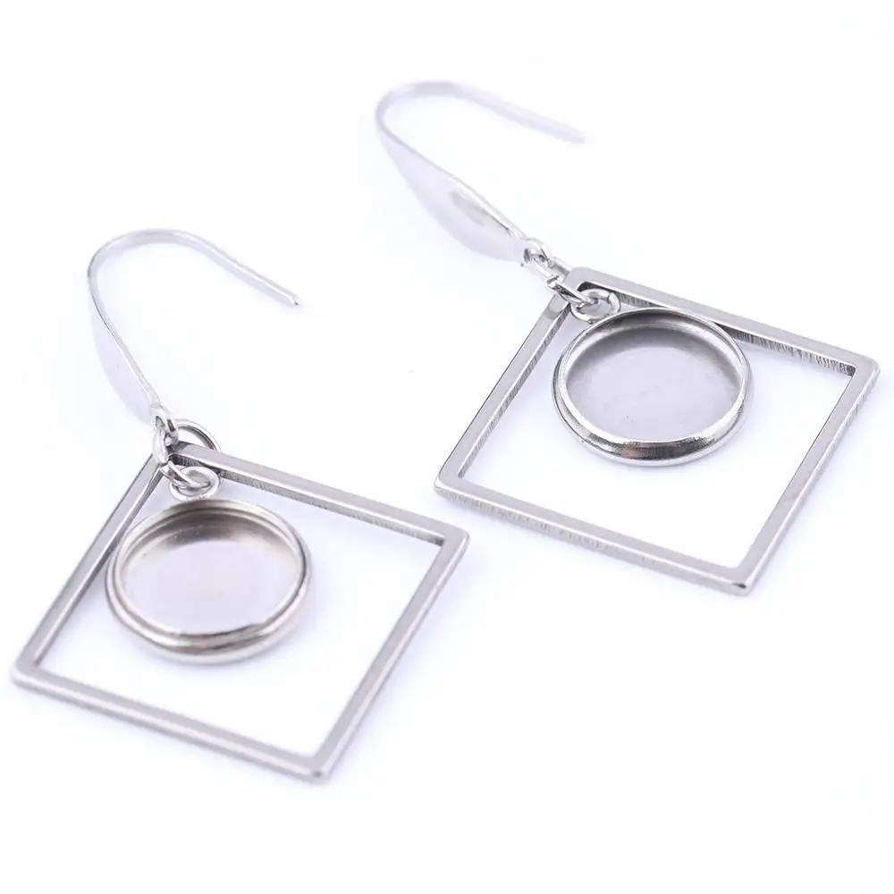 10pcs Fit 10mm Round Cabochon Earring Settings Diy Stainless Steel Blank Base Bezels With Square Frame Charms For Making