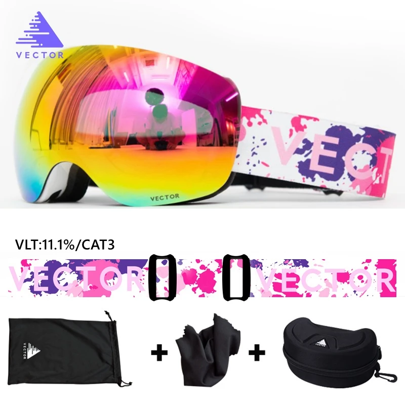벡터 마그네틱 스키 고글 퀵 체인지 렌즈 및 케이스 세트 100% UV400 보호 안티포그 스노보드 고글 남녀 공용