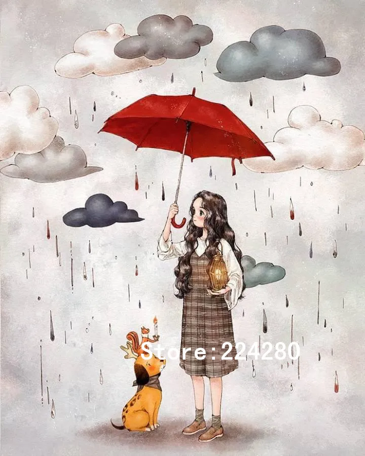 Girl with umbrella in rainy day dog Art Needlework 14CT Canvas Unprinted Handmade Embroidery Cross Stitch Kit DIY Home Decor