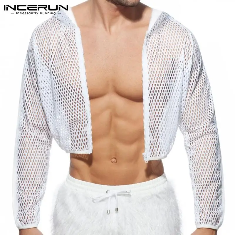 INCERUN 2024 Men Mesh Crop Tops Hooded Solid Color See Through Sexy Casual T Shirt Workout Outerwear Zipper Streetwear Camisetas