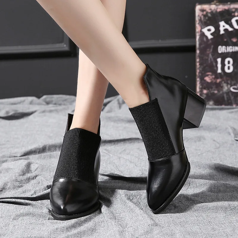 Solid Rhinestone High Heels Dancing Party Shoes Woman Winter New Genuine Leather Fashion Short Boots Women Ankle Boots