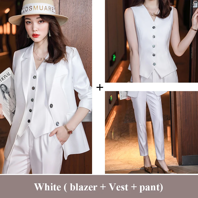 Lenshin Women\'s Formal Pant Suit, 3 Piece Suits, White Business Blazer Vest Suit Office Work Fashion High Quality China Factory