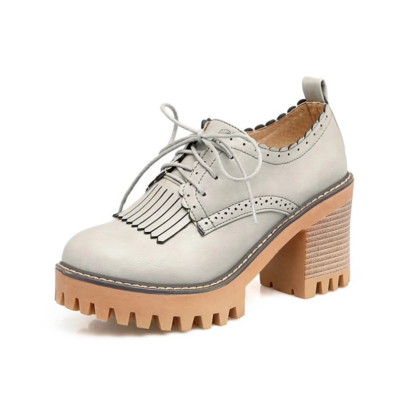 Primavera autunno donna Oxford fondo spesso piattaforma tacchi alti Casual scarpe stringate in pelle cucito punta tonda Zapatos Mujer 13-5