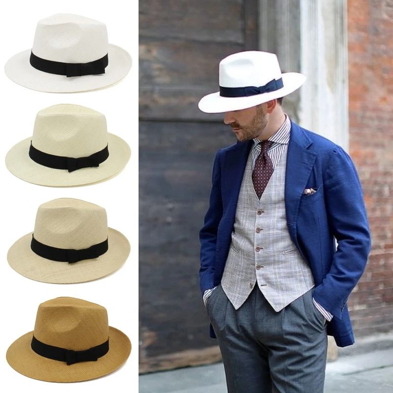 Men Women Straw Panama Hats Summer Fedora Sunhats Bowtie Band Party Trilby Caps Outdoor Sombrero Travel Size US 7 1/4 UK L