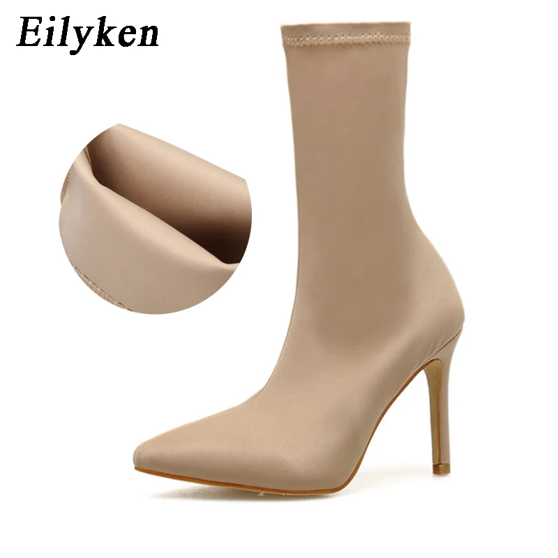 Eilyken Sexy Autumn Winter Fashion Stretch Fabric Ankle Boots Women Pointed Toe Socks Bootie High Heels Ladies Shoes