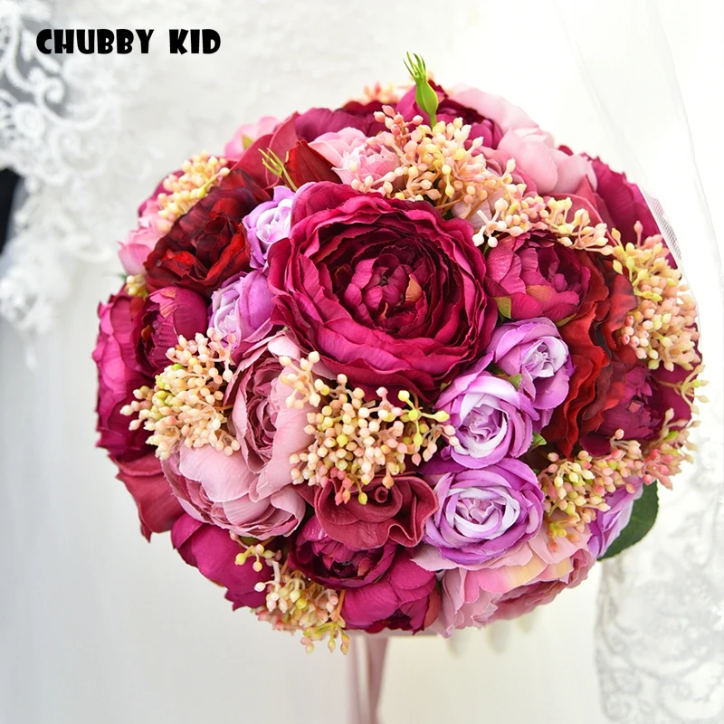 New Hi-Q vintage peony red rose bouquet Wedding flower Bridal Bouquet artificial red Rose Wedding Bouquet fake flower bouquet