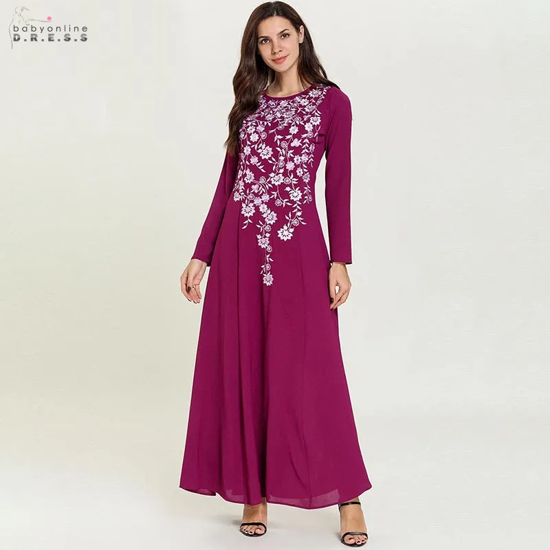 Middle East Burgundy Arabic Long Evening Dress A-line Dubai Evening Gown Long Sleeves Pattern Loose Robe de Soiree Abendkleider