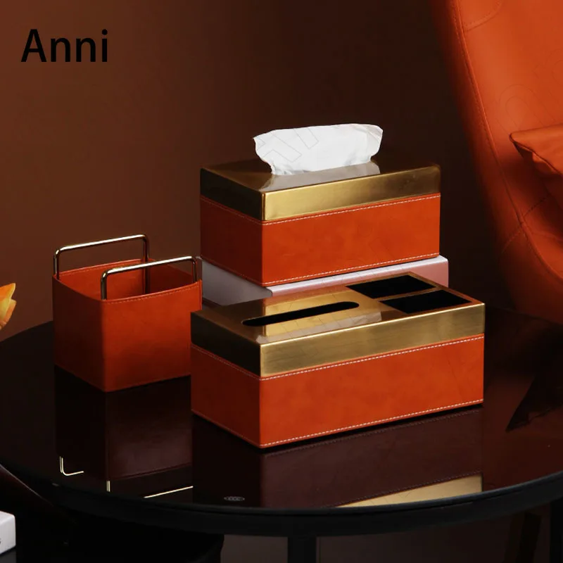 

Creative Leather Brass Tissue Boxes European Modern Light Luxury Napkin Holder Bedroom Bedside Paper Towel Storage Box Ornaments